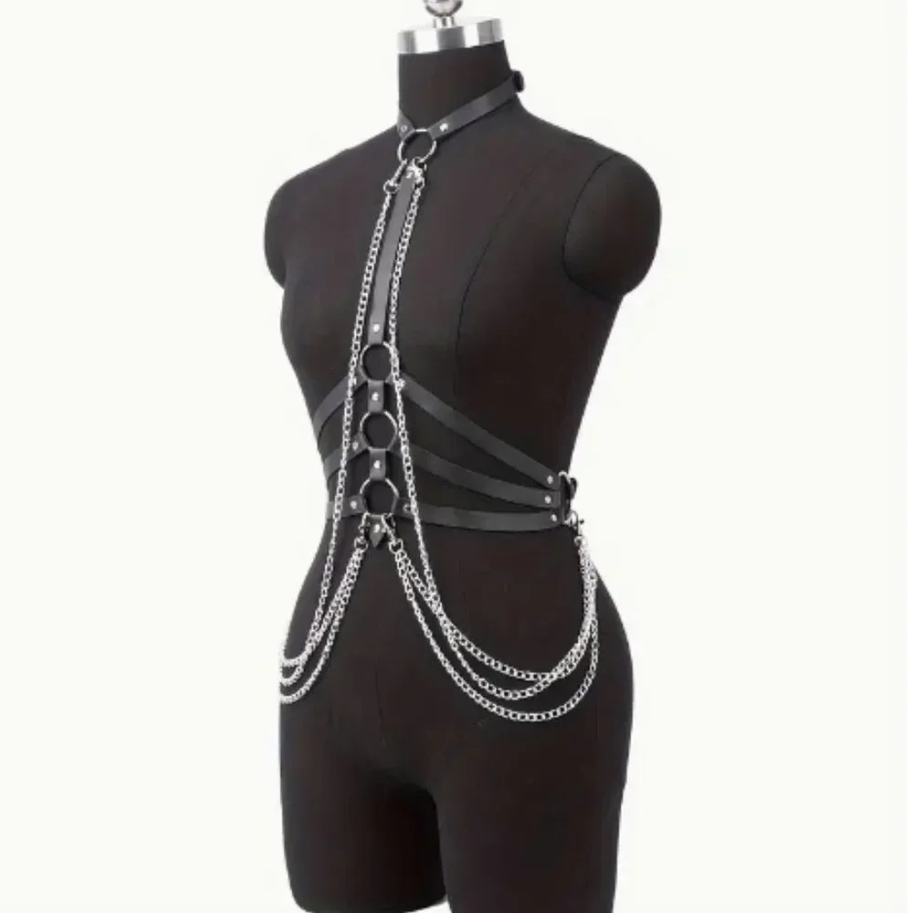 PU Leather Draped Layered Chain Choker Harness